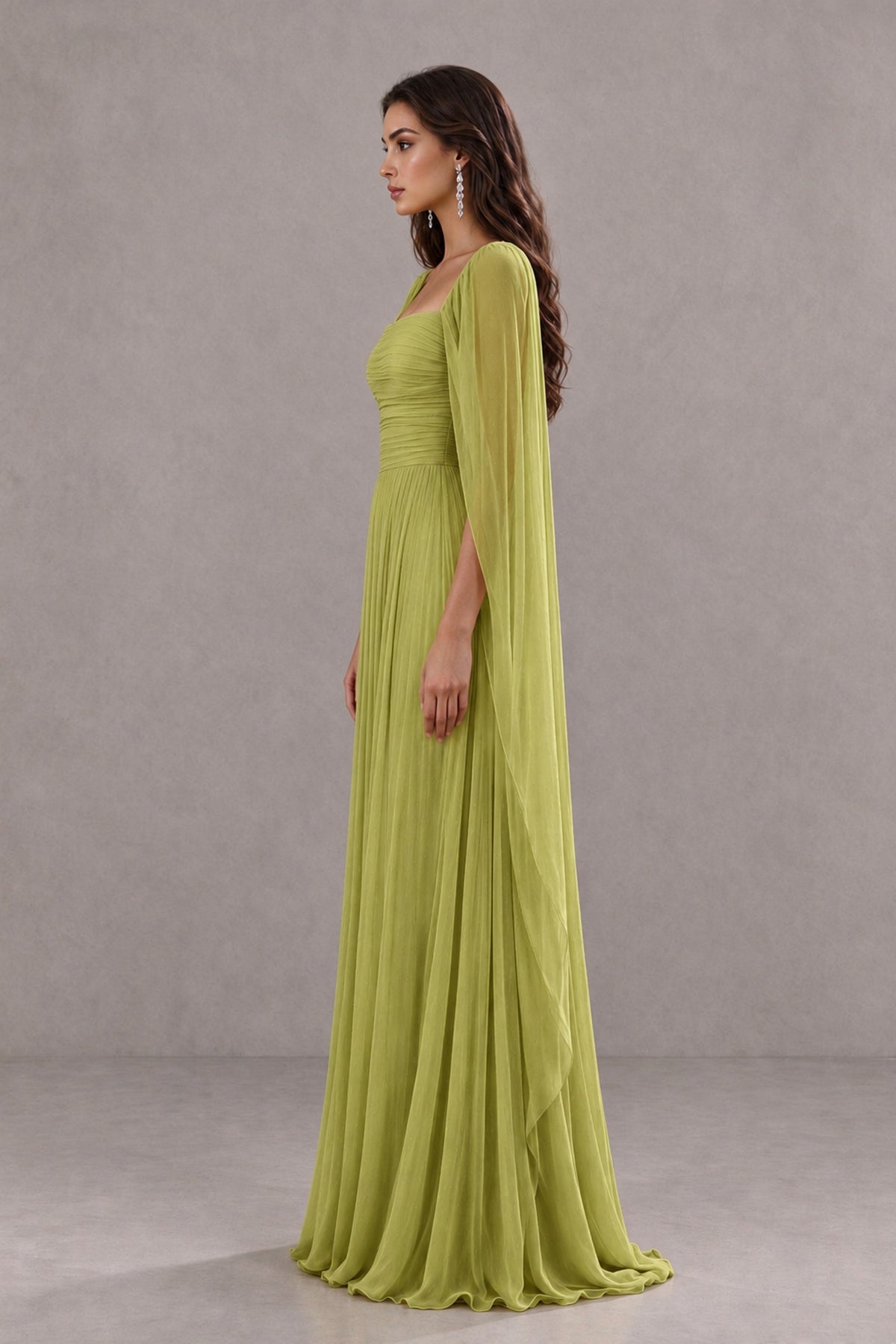 BOLODOO Chartreuse Square Neck Cape Sleeve A-Line Evening Dress - Chartreuse - Chartreuse_4