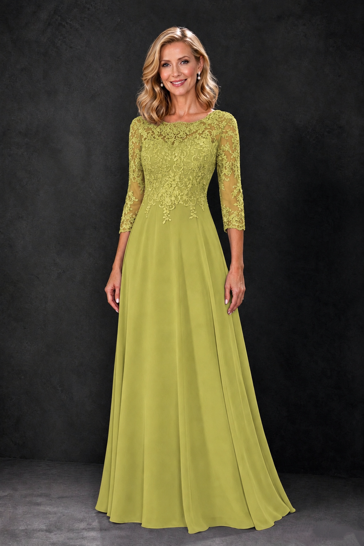 BOLODOO Chartreuse Lace Embroidered Mother of the Bride Dress with 3/4 Sleeves - Chartreuse - Chartreuse_4