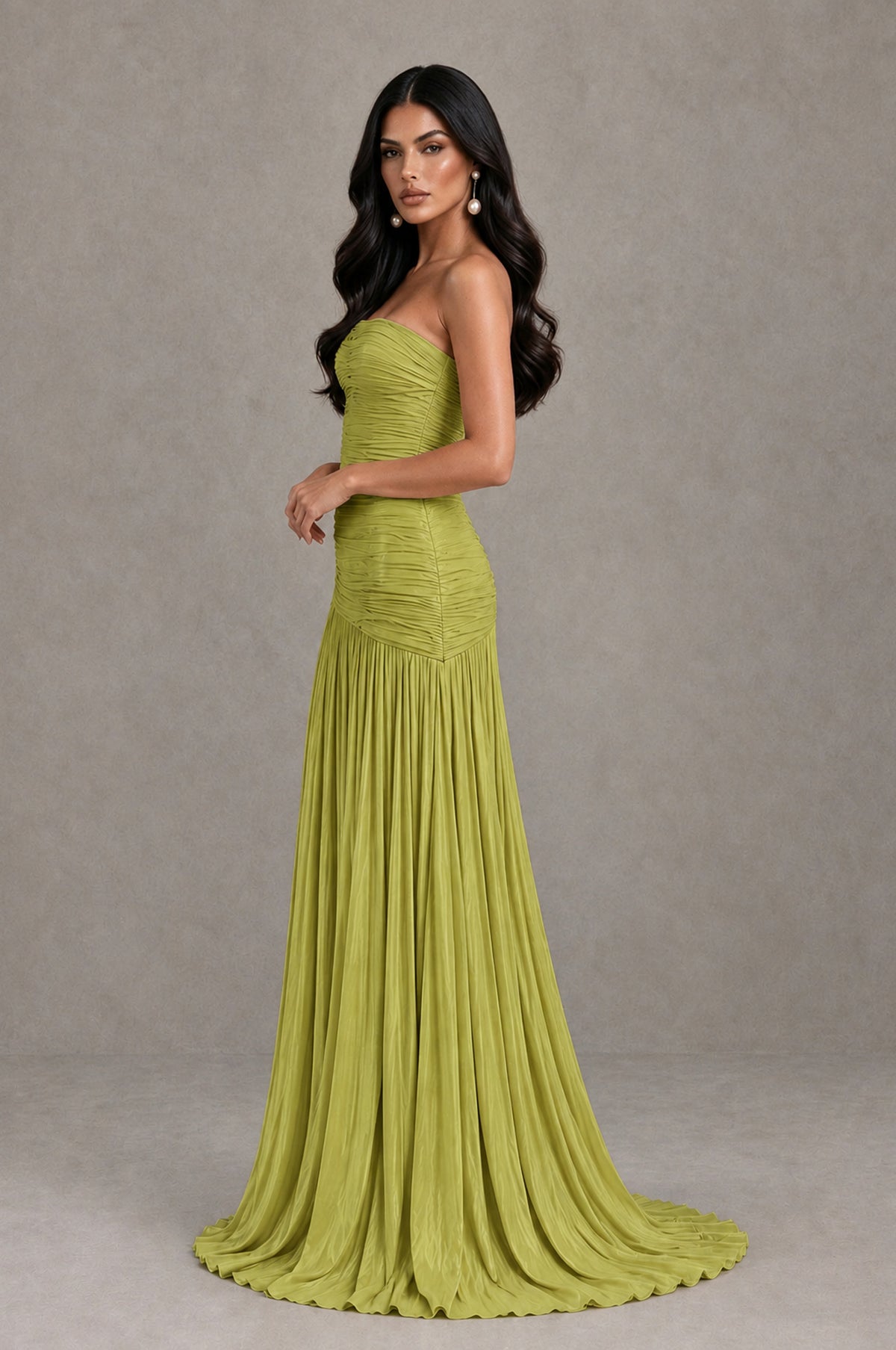 BOLODOO Chartreuse Metallic Ruched Strapless Pleated A-Line Backless Maxi Dress with Train - Chartreuse - Chartreuse_4