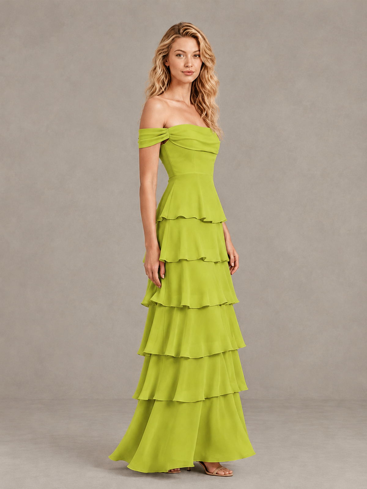 BOLODOO Chartreuse Off-Shoulder Tiered Ruffle Bridesmaid Dress with Lace-Up Back - Chartreuse - Chartreuse_4