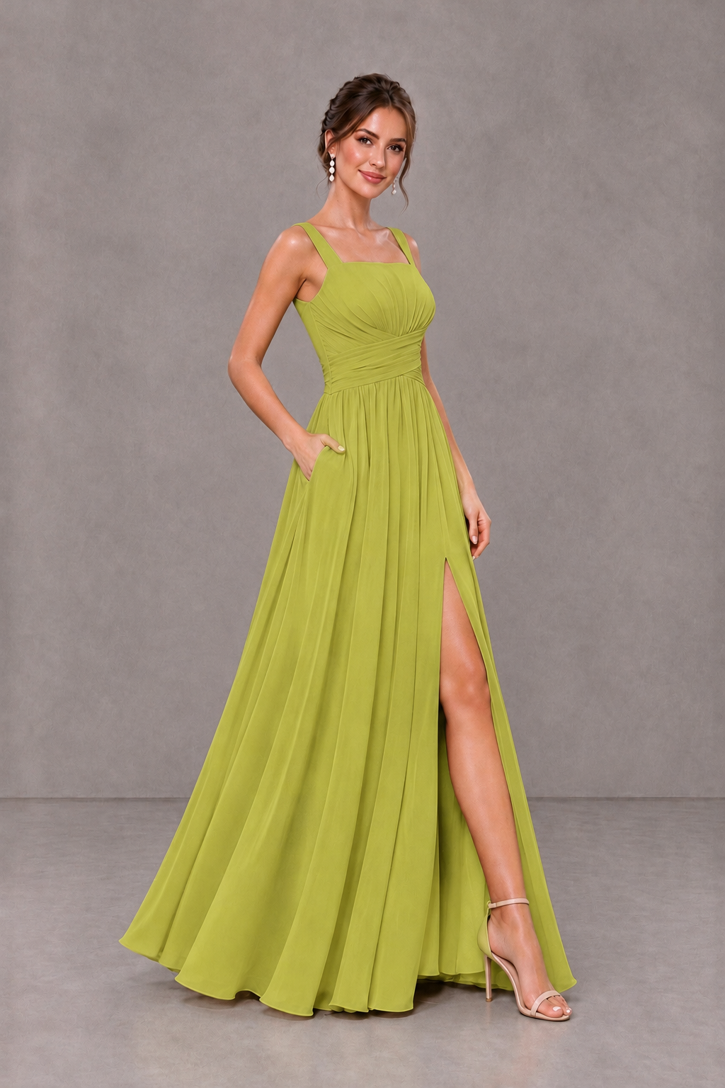 BOLODOO Chartreuse Square Neck A-Line Bridesmaid Dress with Slit - Chartreuse - Chartreuse_4