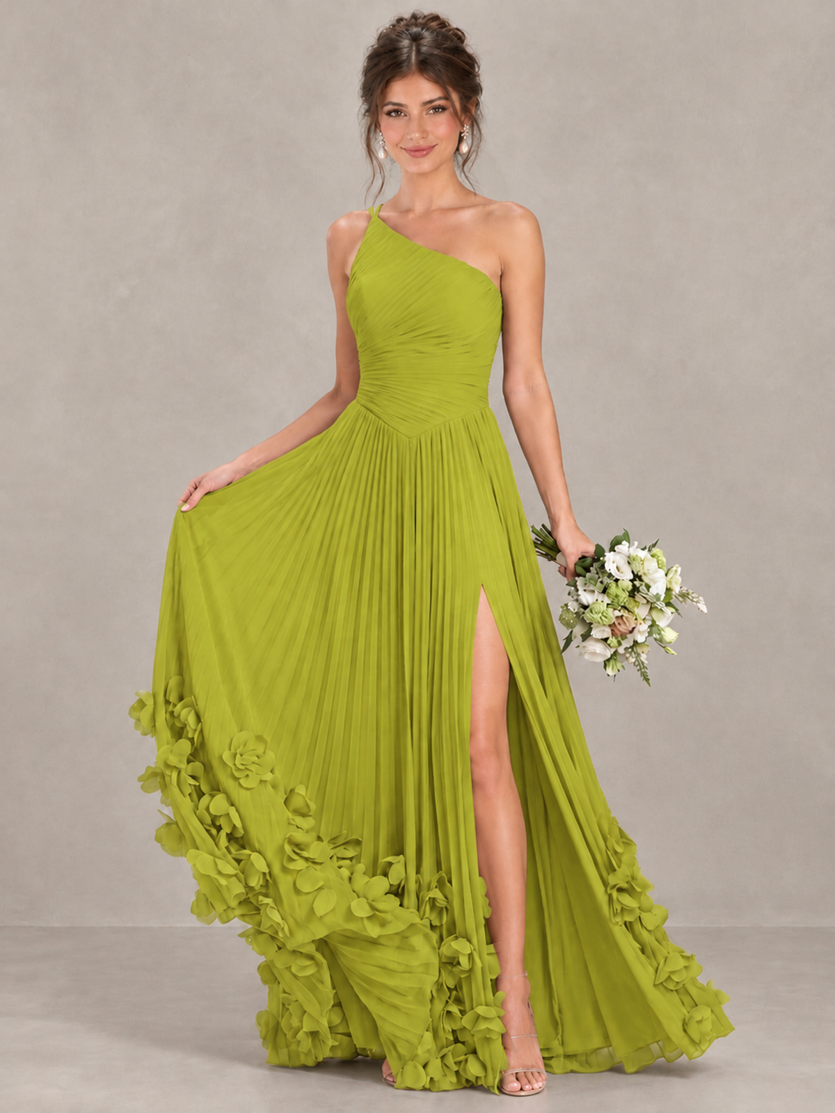 BOLODOO Chartreuse One-Shoulder Pleated Bridesmaid Dress with 3D Floral Hem - Chartreuse - Chartreuse_4