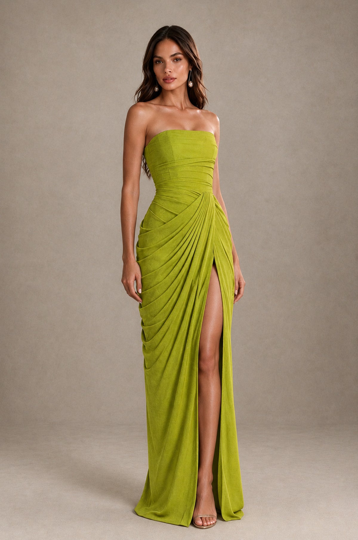 BOLODOO Strapless Draped Maxi Dress - Chartreuse Backless Evening Gown with High Slit - Chartreuse - Chartreuse_4