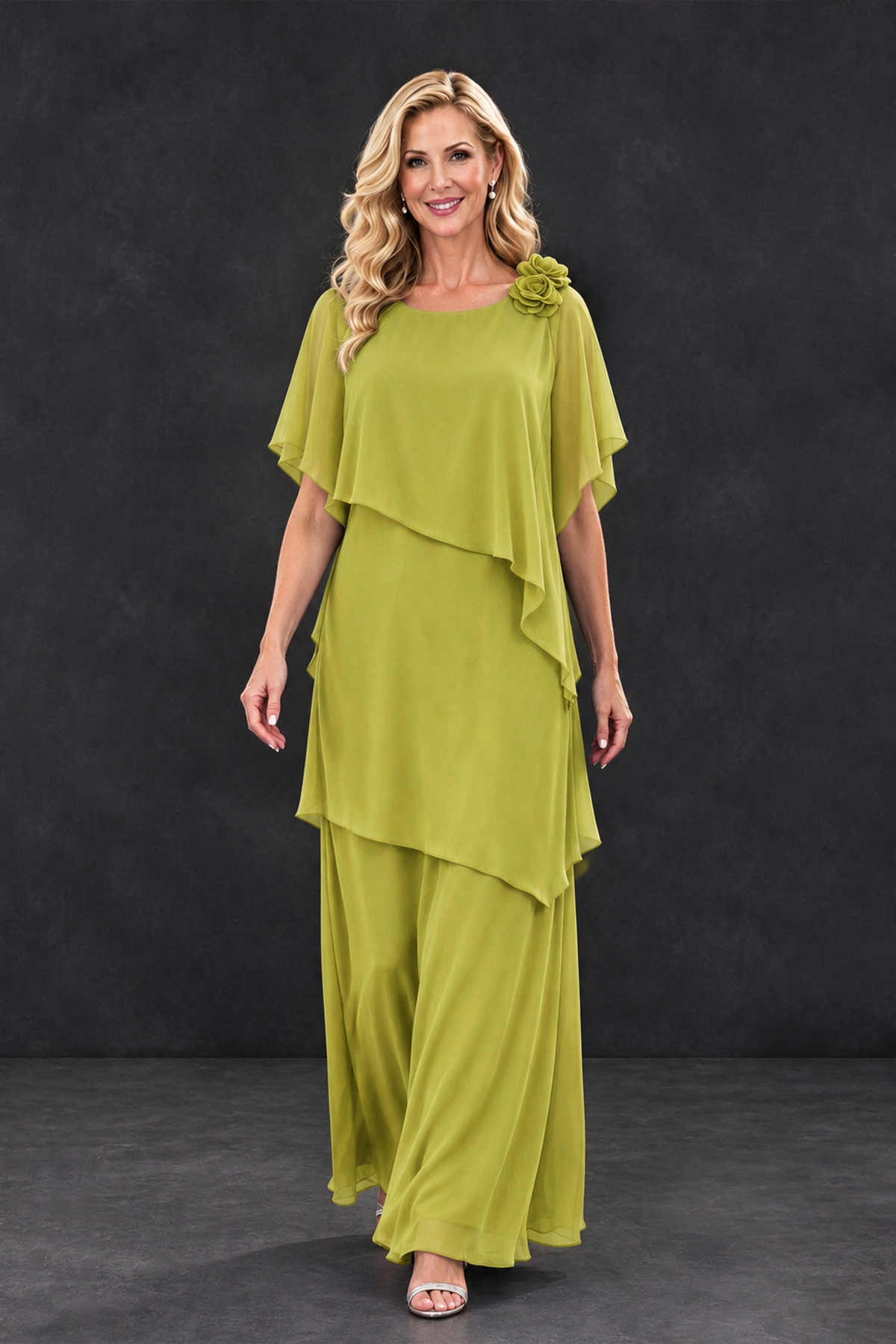 BOLODOO Chartreuse Tiered Flutter Sleeve Mother of the Bride Maxi Dress - Chartreuse - Chartreuse_4