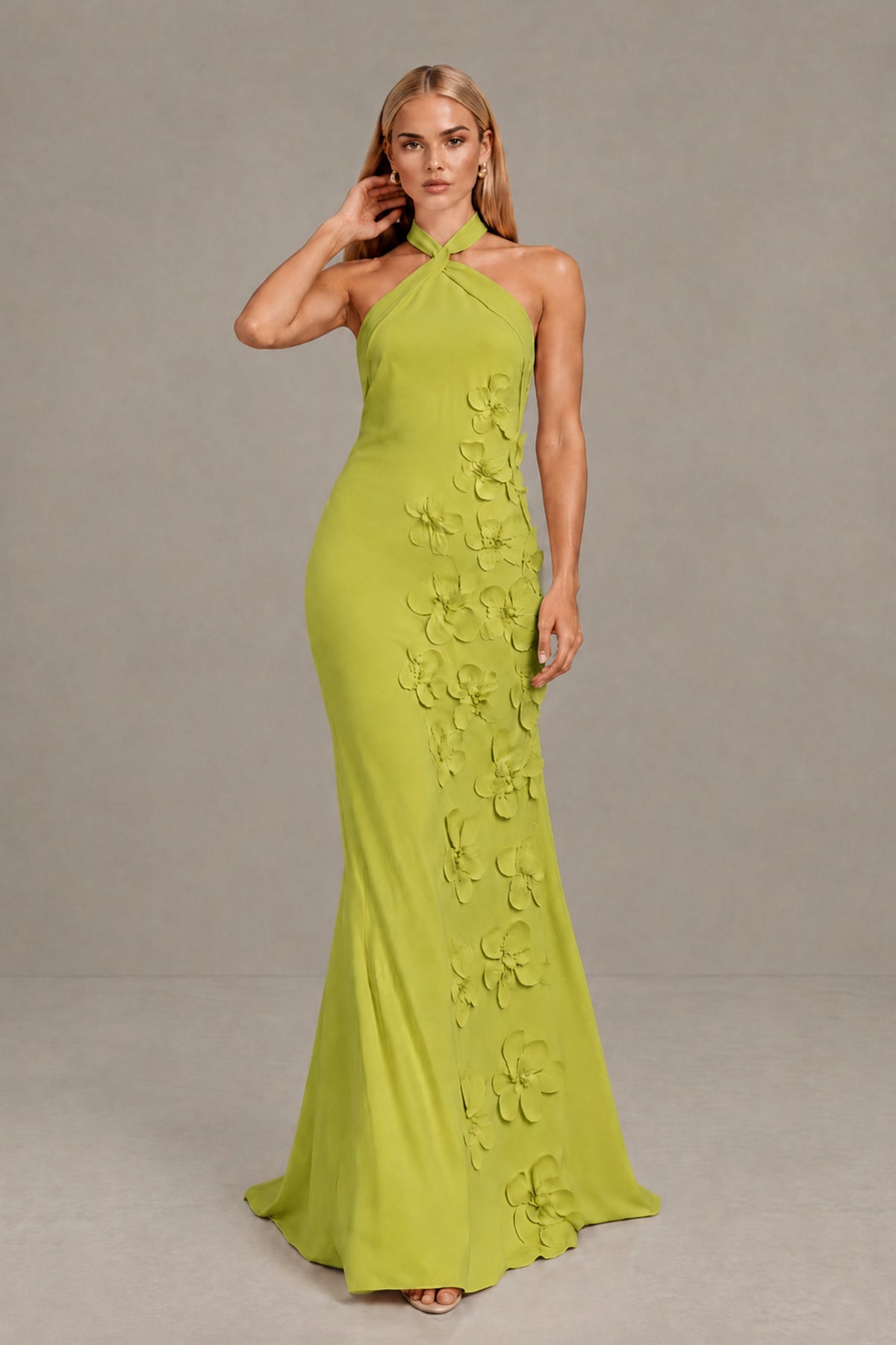 BOLODOO Chartreuse Cross Halter Neck 3D Floral Appliqué Backless Mermaid Maxi Gown - Chartreuse - Chartreuse_4