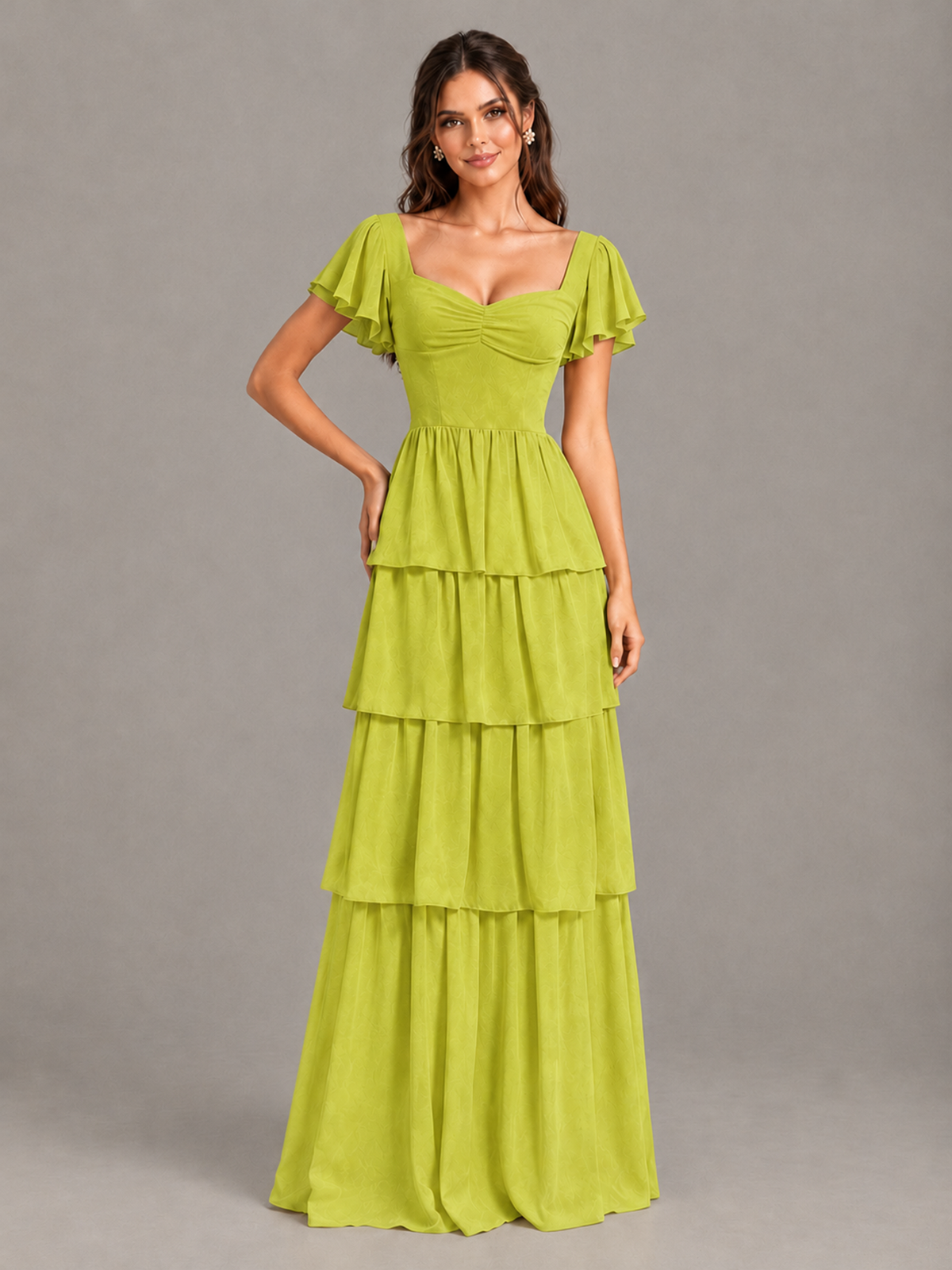 BOLODOO Chartreuse Flutter Sleeve Tiered Maxi Bridesmaid Dress - Chartreuse - Chartreuse_4