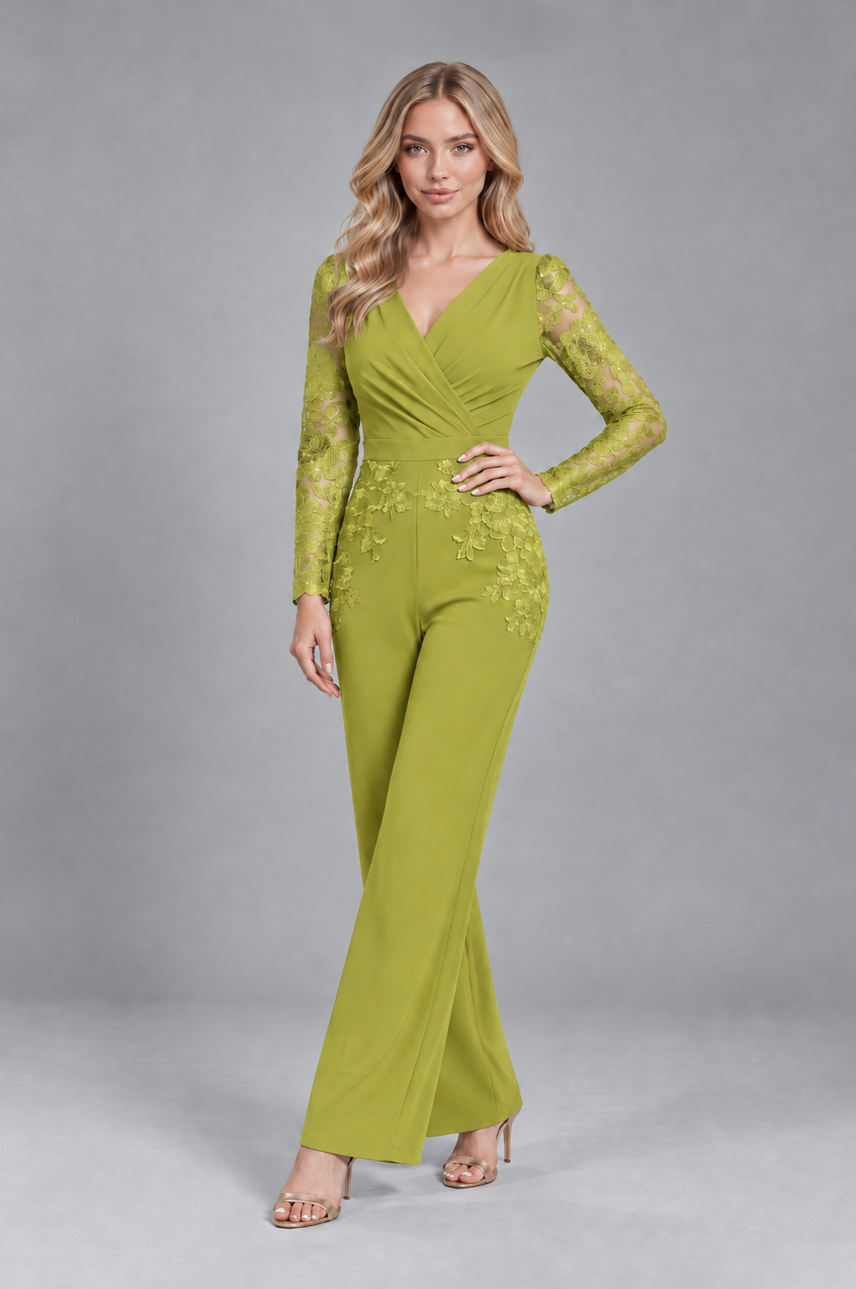 BOLODOO Chartreuse Lace Long-Sleeve V-Neck Mother Pant Suit - Chartreuse - Chartreuse_4