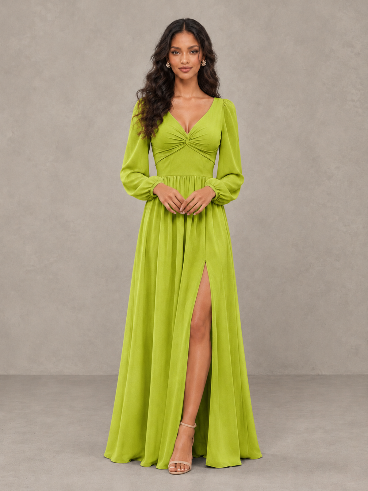 BOLODOO Chartreuse V-Neck Long Sleeve Bridesmaid Dress with Tie Back and Slit - Chartreuse - Chartreuse_5