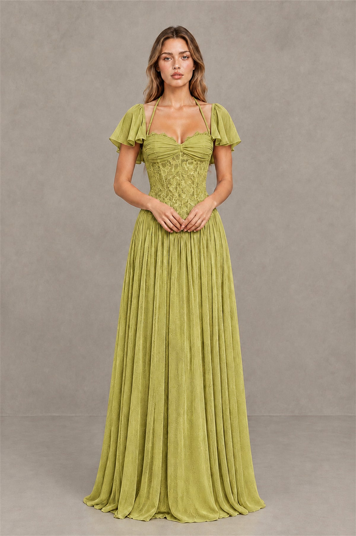 BOLODOO Chartreuse Flutter Sleeve Lace Corset A-Line Maxi Dress - Chartreuse - Chartreuse (1)