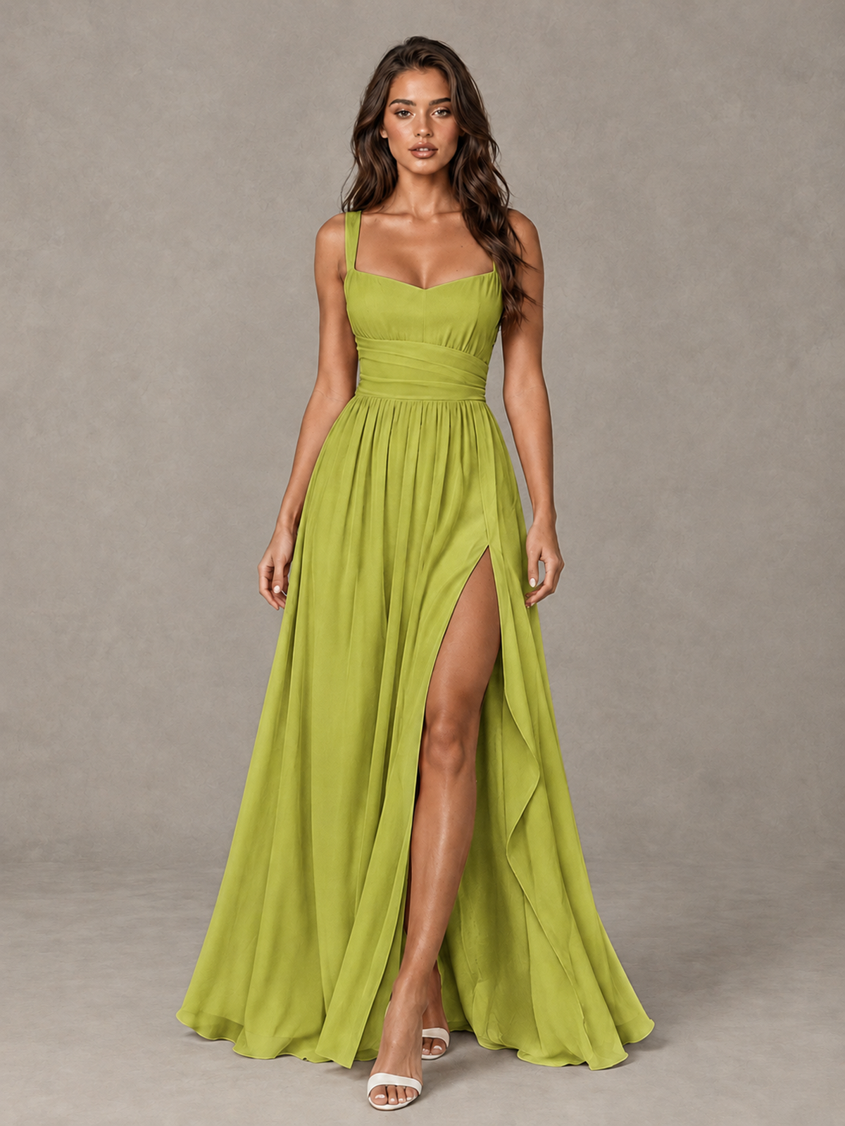 BOLODOO Chartreuse A-Line Bridesmaid Dress with High Slit & Lace-Up Back - Chartreuse - Chartreuse (1)