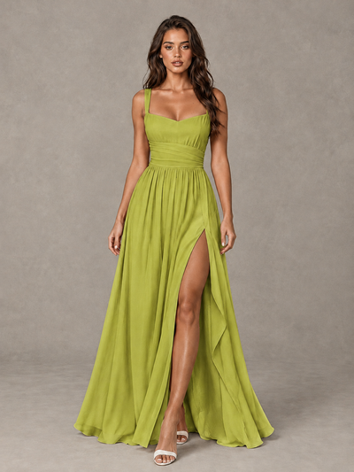 BOLODOO Chartreuse A-Line Bridesmaid Dress with High Slit & Lace-Up Back - Chartreuse - Chartreuse (1)