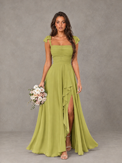 BOLODOO Chartreuse Bow-Strap Bridesmaid Dress with Ruffle Slit - Chartreuse - Chartreuse (1)