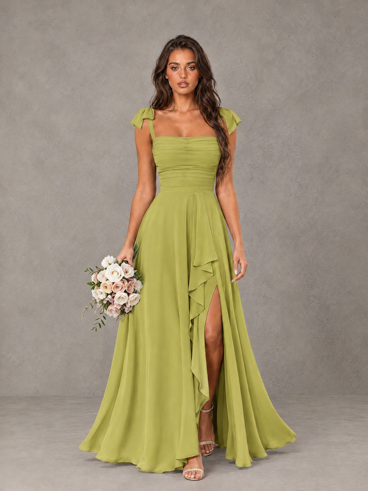 BOLODOO Chartreuse Bow-Strap Bridesmaid Dress with Ruffle Slit - Chartreuse - Chartreuse (1)