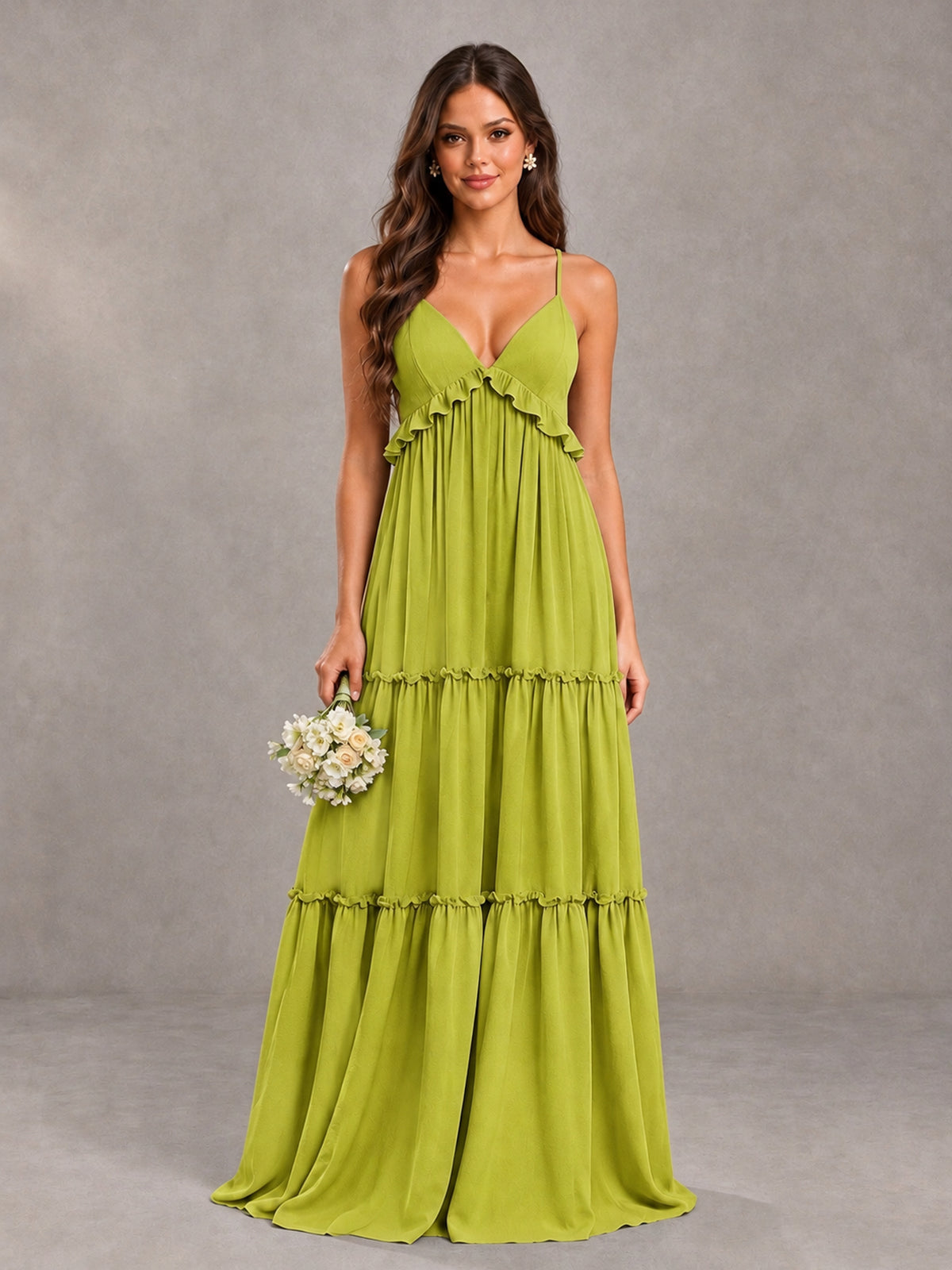 BOLODOO Chartreuse Tiered V-Neck Lace-Up Back Bridesmaid Dress - Chartreuse - Chartreuse (1)