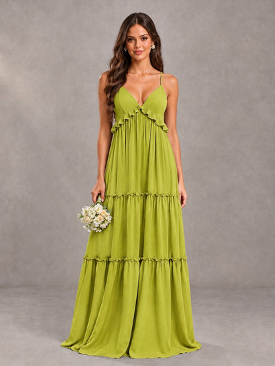 BOLODOO Chartreuse Tiered V-Neck Lace-Up Back Bridesmaid Dress - Chartreuse - Chartreuse (1)