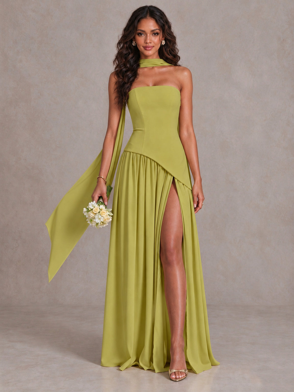 Chartreuse Strapless Bridesmaid Dress with Scarf & High Slit - Chartreuse - Chartreuse (1)