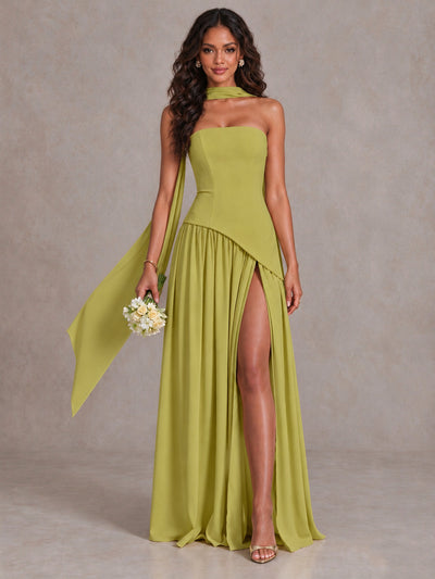 Chartreuse Strapless Bridesmaid Dress with Scarf & High Slit - Chartreuse - Chartreuse (1)