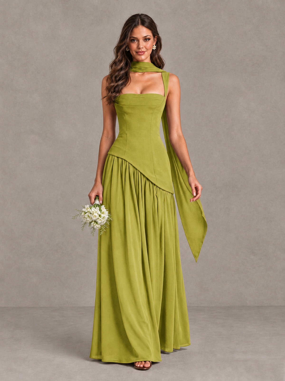 BOLODOO Chartreuse Brown Scarf Bridesmaid Dress with Lace-Up Back - Chartreuse - Chartreuse (1)