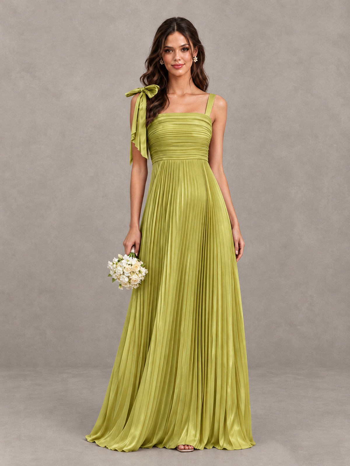 BOLODOO Chartreuse Pleated Bow-Strap Bridesmaid Maxi Dress - Chartreuse - Chartreuse (1)
