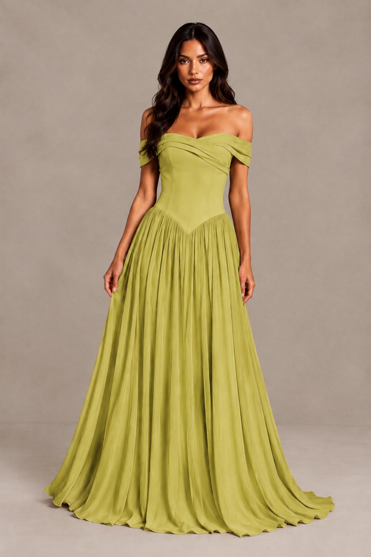 BOLODOO Chartreuse Off-Shoulder Sweetheart Corset Pleated Chiffon Maxi Dress - Chartreuse - Chartreuse (1)
