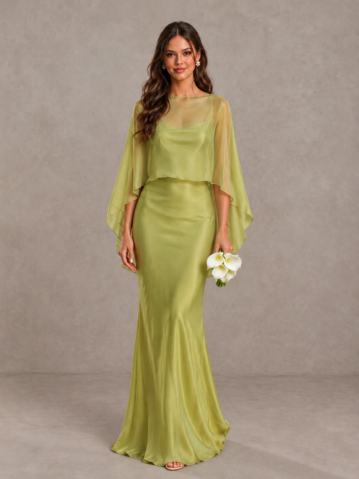 BOLODOO Chartreuse Satin Mermaid Bridesmaid Dress with Chiffon Cape - Chartreuse - Chartreuse (1)