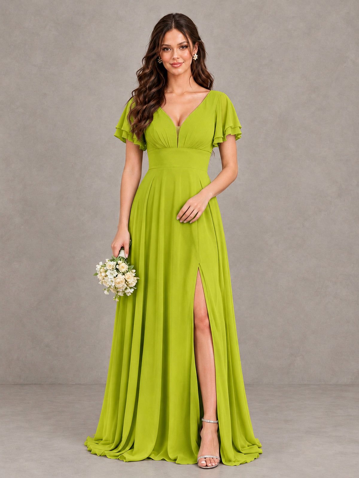 BOLODOO Chartreuse Flutter Sleeve Chiffon A-Line Maxi Bridesmaid Dress with Open Back & Slit - Chartreuse - Chartreuse (1)