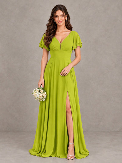 BOLODOO Chartreuse Flutter Sleeve Chiffon A-Line Maxi Bridesmaid Dress with Open Back & Slit - Chartreuse - Chartreuse (1)