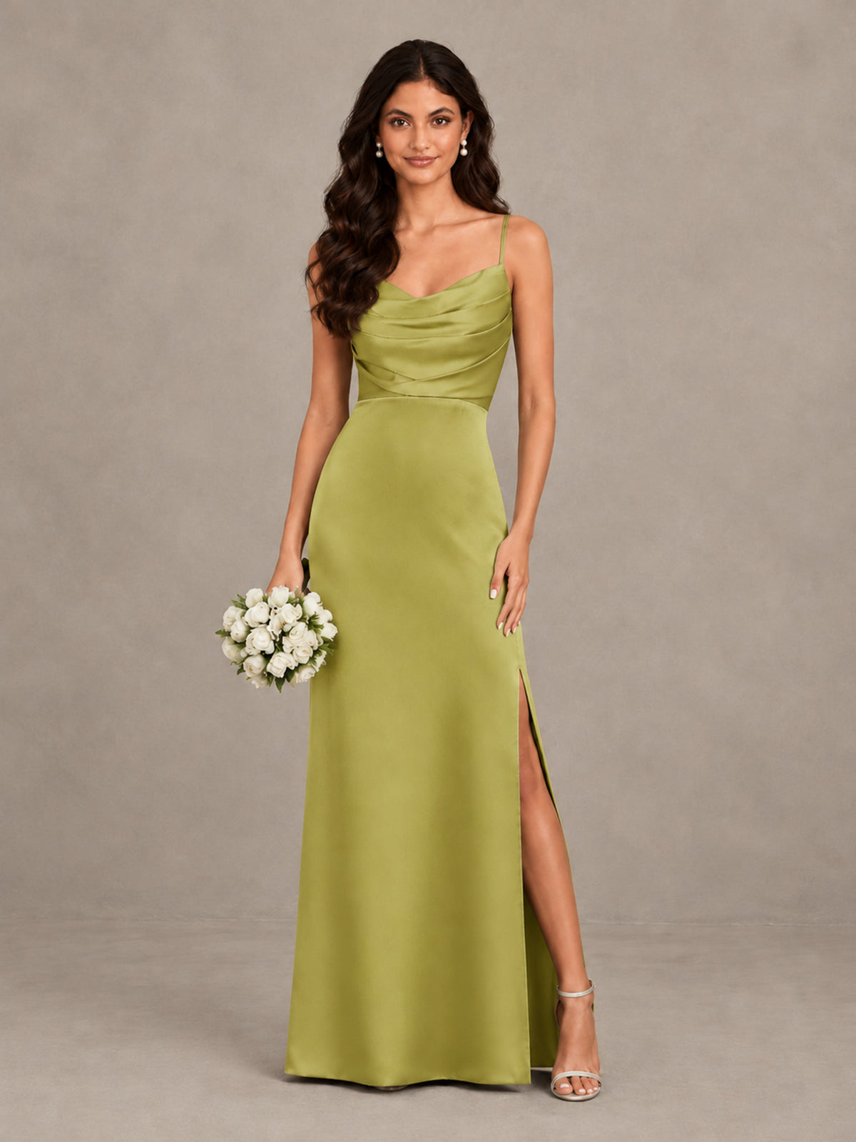 BOLODOO Chartreuse Cowl Neck Satin Bridesmaid Dress with Slit - Chartreuse - Chartreuse (1)