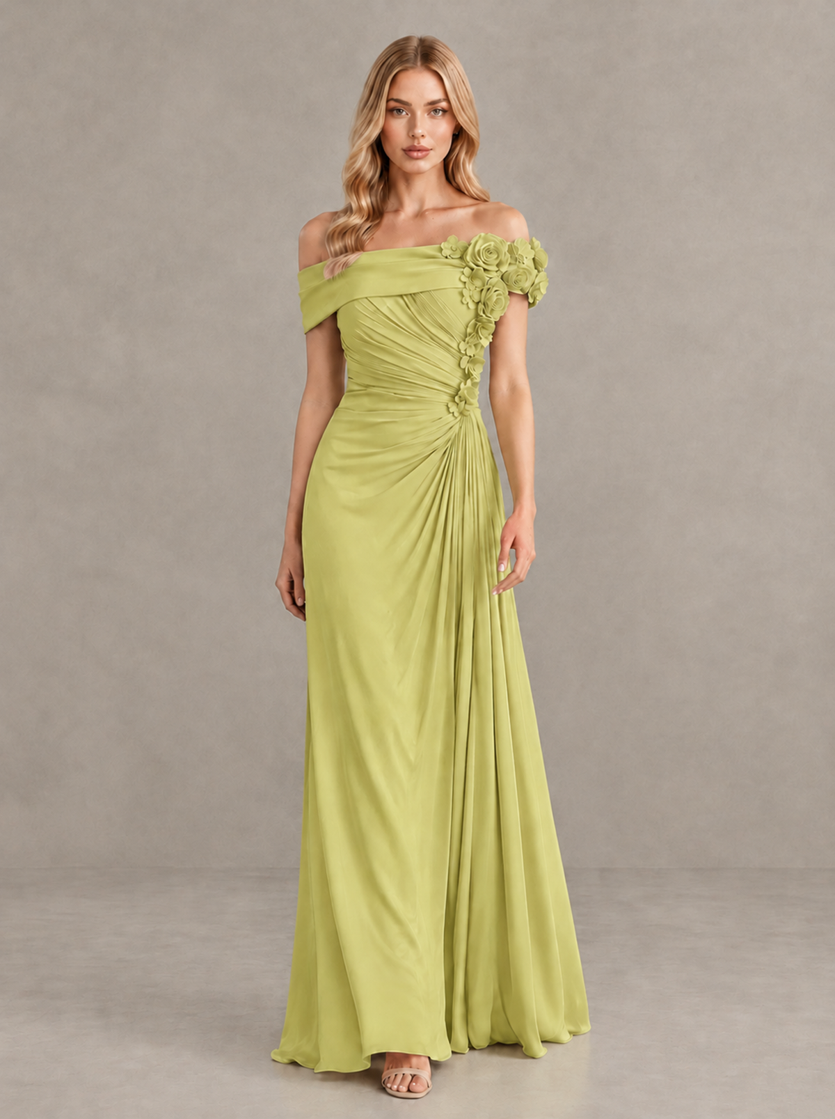 BOLODOO Chartreuse Off-Shoulder Floral Applique Wedding Guest Maxi Dress - Chartreuse - Chartreuse (1)