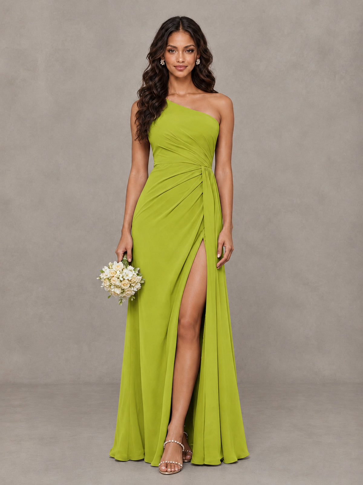 BOLODOO Chartreuse One-Shoulder Chiffon Bridesmaid Dress with Ruched Bodice & High Slit - Chartreuse - Chartreuse (1)