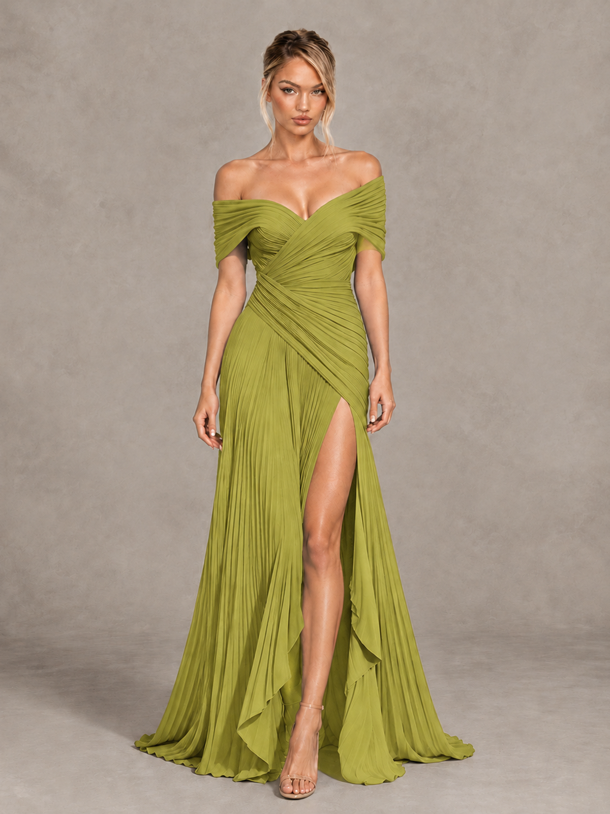 BOLODOO Chartreuse Off-Shoulder Ruched Pleated Maxi Dress with High Slit - Chartreuse - Chartreuse (1)