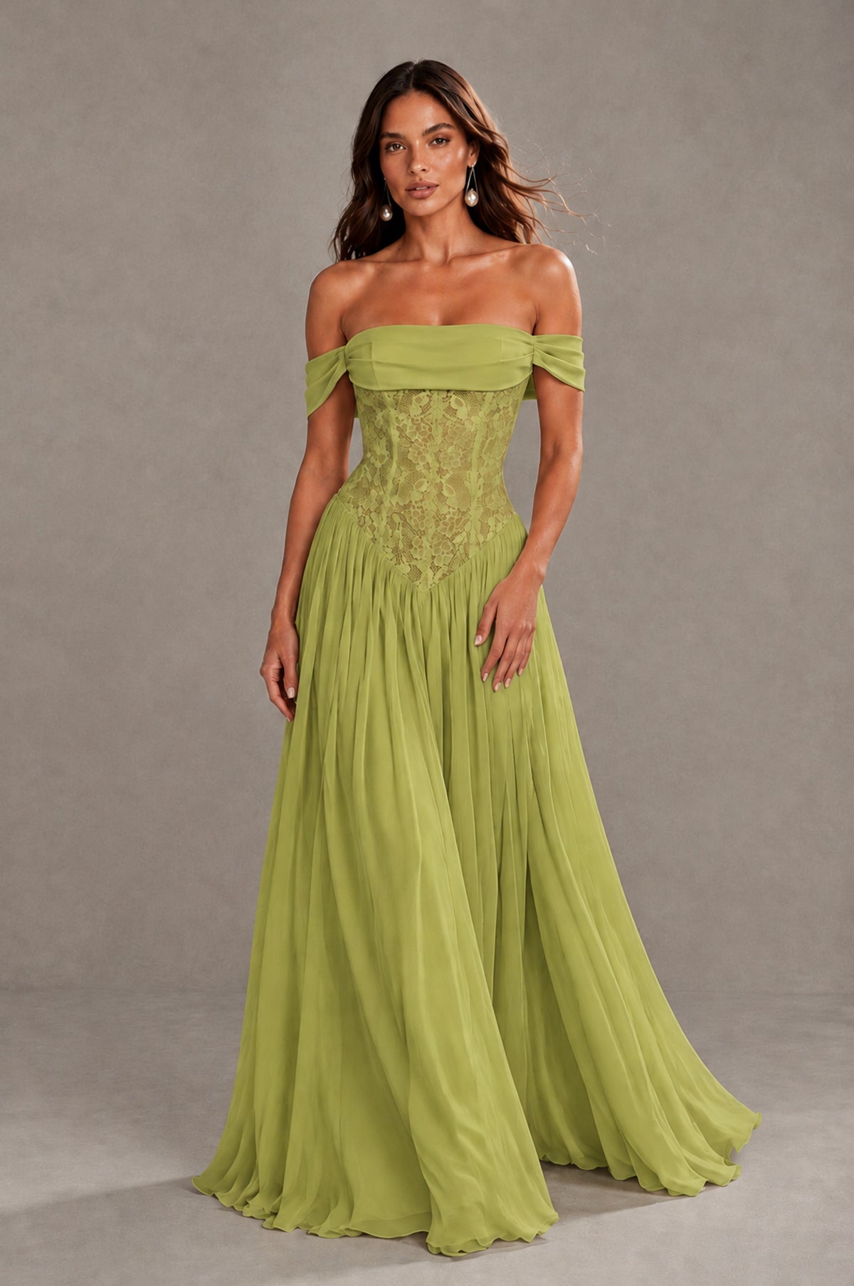 BOLODOO Chartreuse Off-Shoulder Lace Corset Tulle Maxi Dress - Chartreuse - Chartreuse (1)