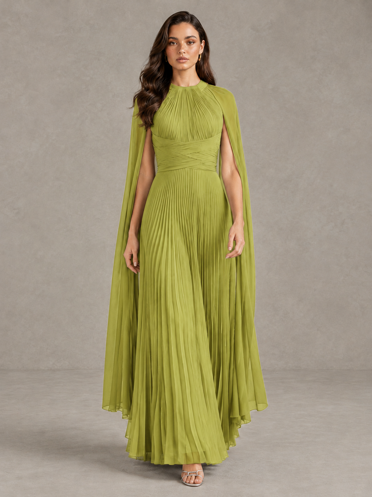BOLODOO Chartreuse Pleated Cape Maxi Wedding Guest Dress - Chartreuse - Chartreuse (1)