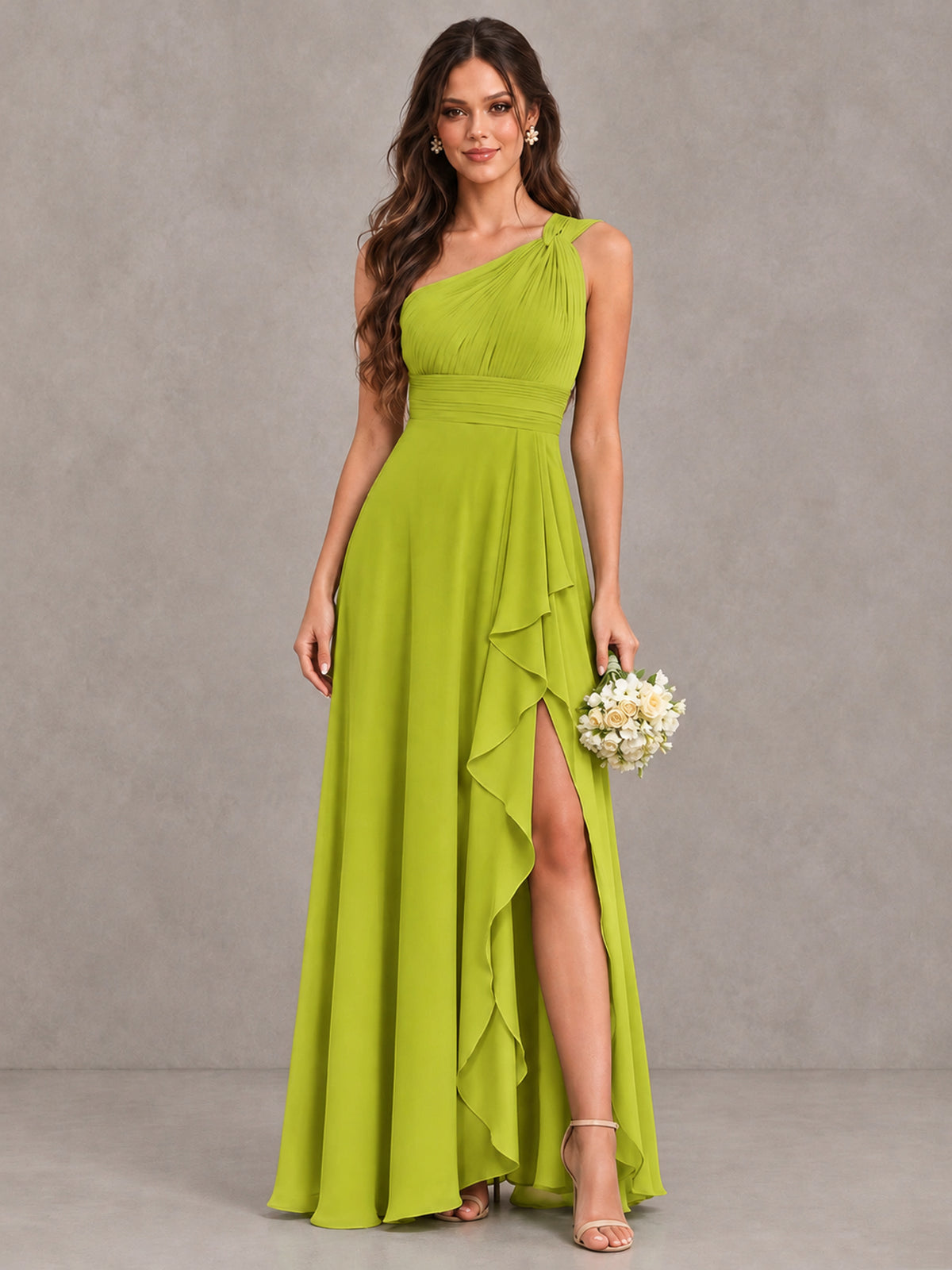 BOLODOO Chartreuse One-Shoulder Ruffle Bridesmaid Dress with Slit - Chartreuse - Chartreuse (1)