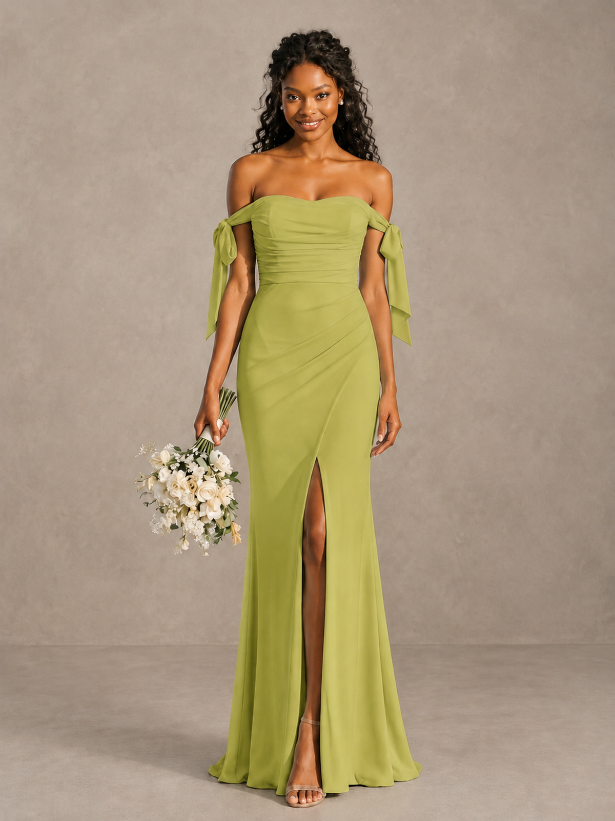 Chartreuse Off-Shoulder Bow Bridesmaid Dress with Slit - Chartreuse - Chartreuse (1)