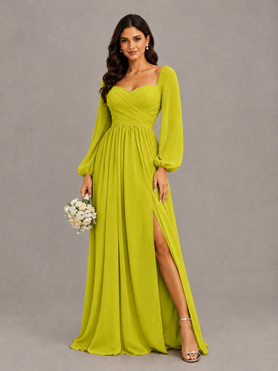 BOLODOO Chartreuse Long Sleeve Chiffon Bridesmaid Dress with Slit - Chartreuse - Chartreuse (1)