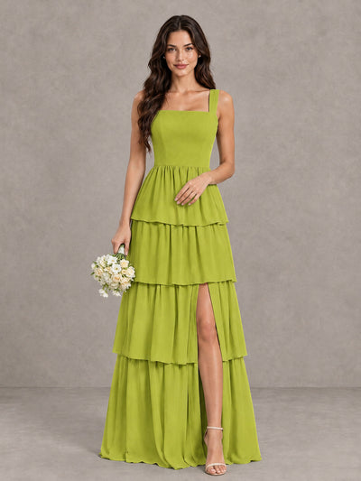 BOLODOO Chartreuse Square Neck Tiered Bridesmaid Dress with Slit - Chartreuse - Chartreuse (1)