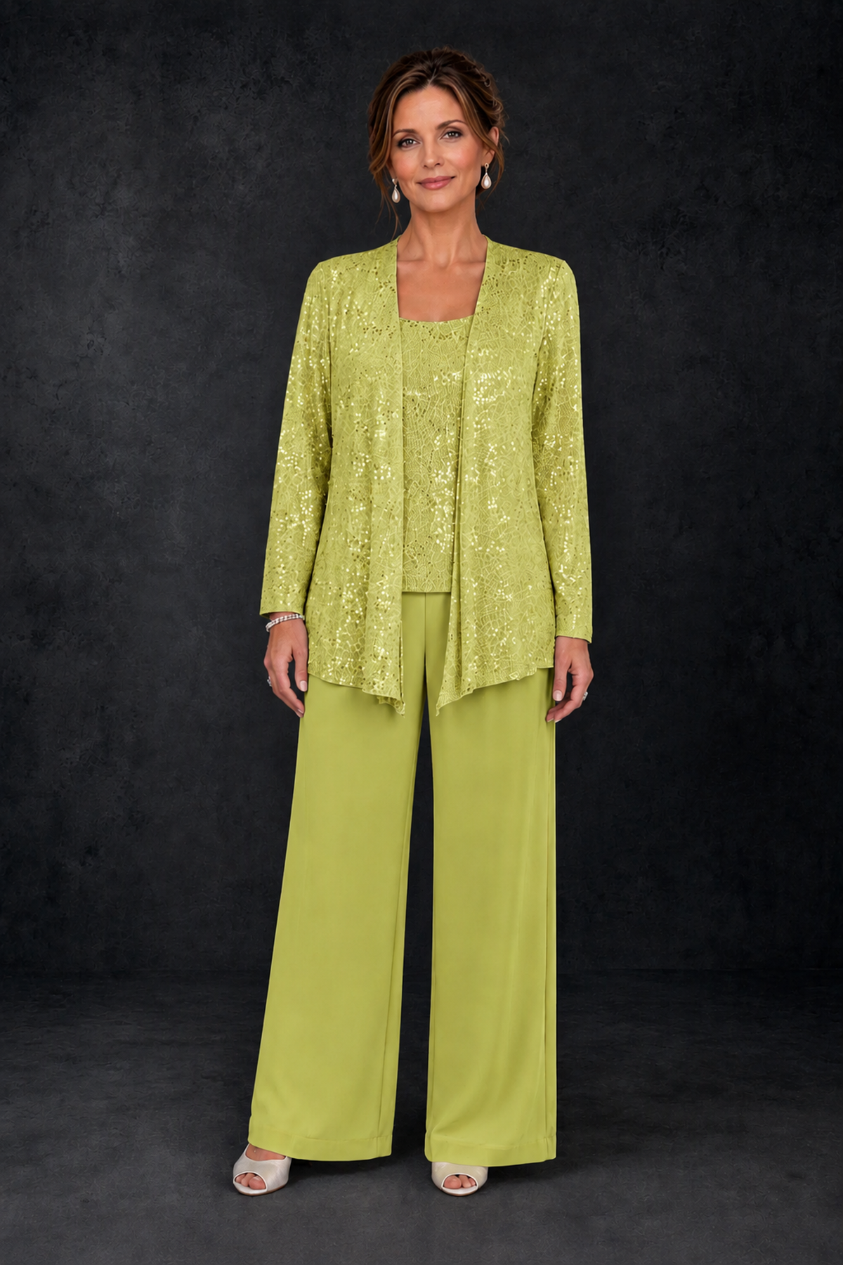 BOLODOO Chartreuse Sequin Lace 3-Piece Pant Suit with Long Sleeve Jacket - Chartreuse - Chartreuse (1)