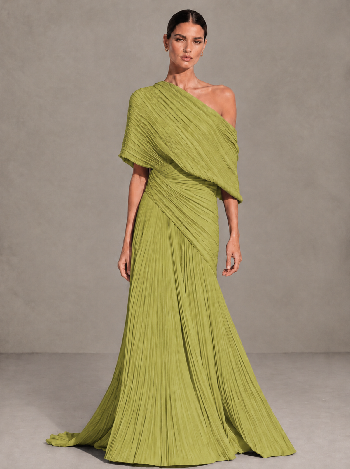 BOLODOO Chartreuse One-Shoulder Pleated Cape Evening Gown with Train - Chartreuse - Chartreuse (1)