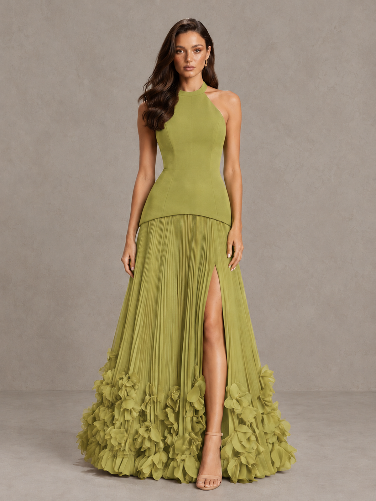 BOLODOO Chartreuse Halter Neck Floor-Length Evening Gown with High Slit & 3D Floral Hem - Chartreuse - Chartreuse (1)