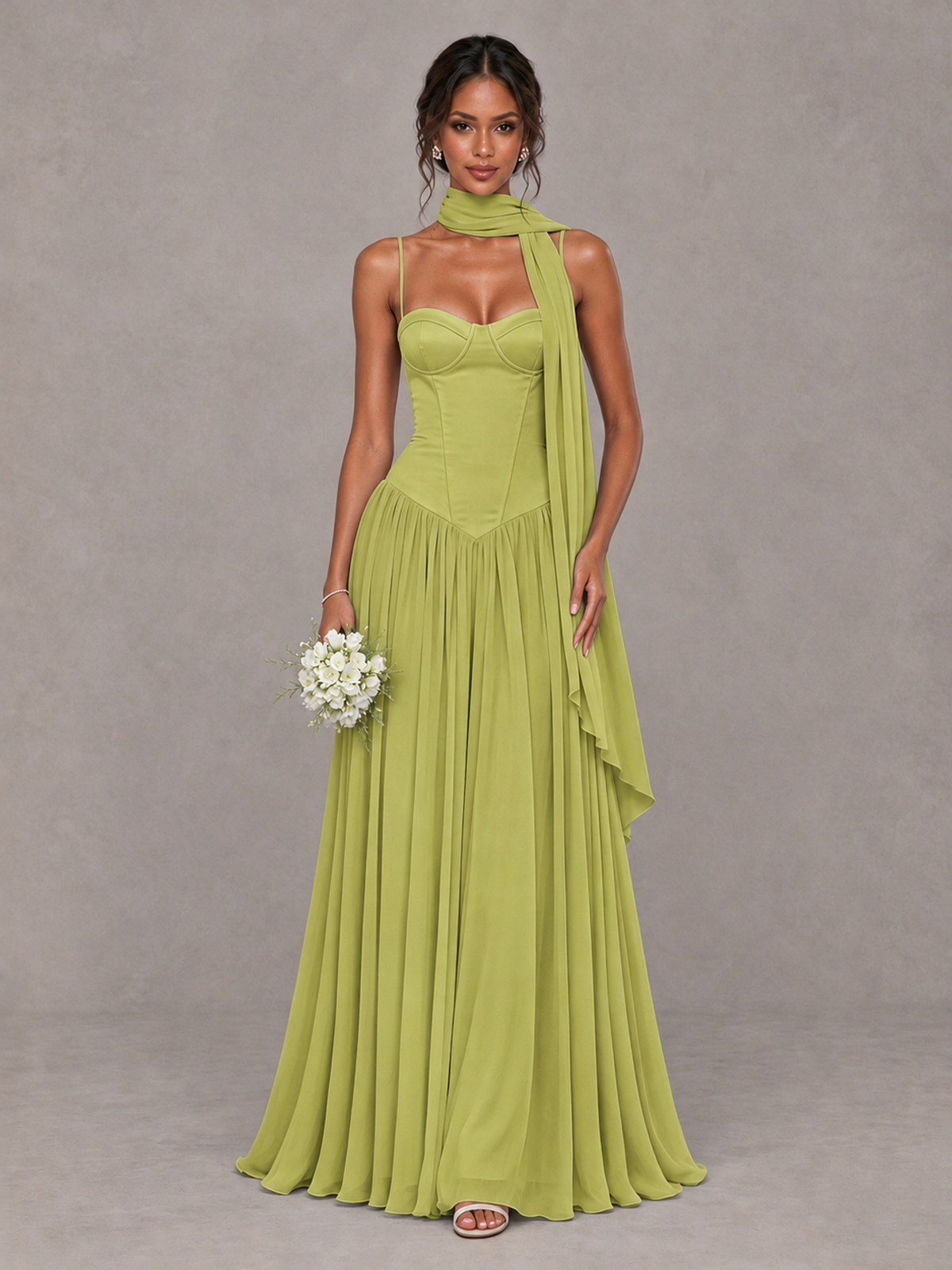BOLODOO Chartreuse Corset Bridesmaid Dress with Scarf - Chartreuse - Chartreuse (1)