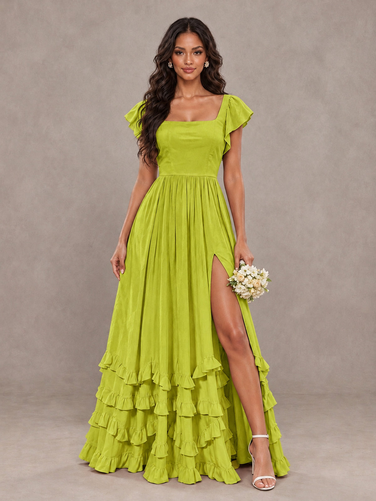 BOLODOO Chartreuse Flutter Sleeve Ruffle Bridesmaid Dress with Slit - Chartreuse - Chartreuse (1)