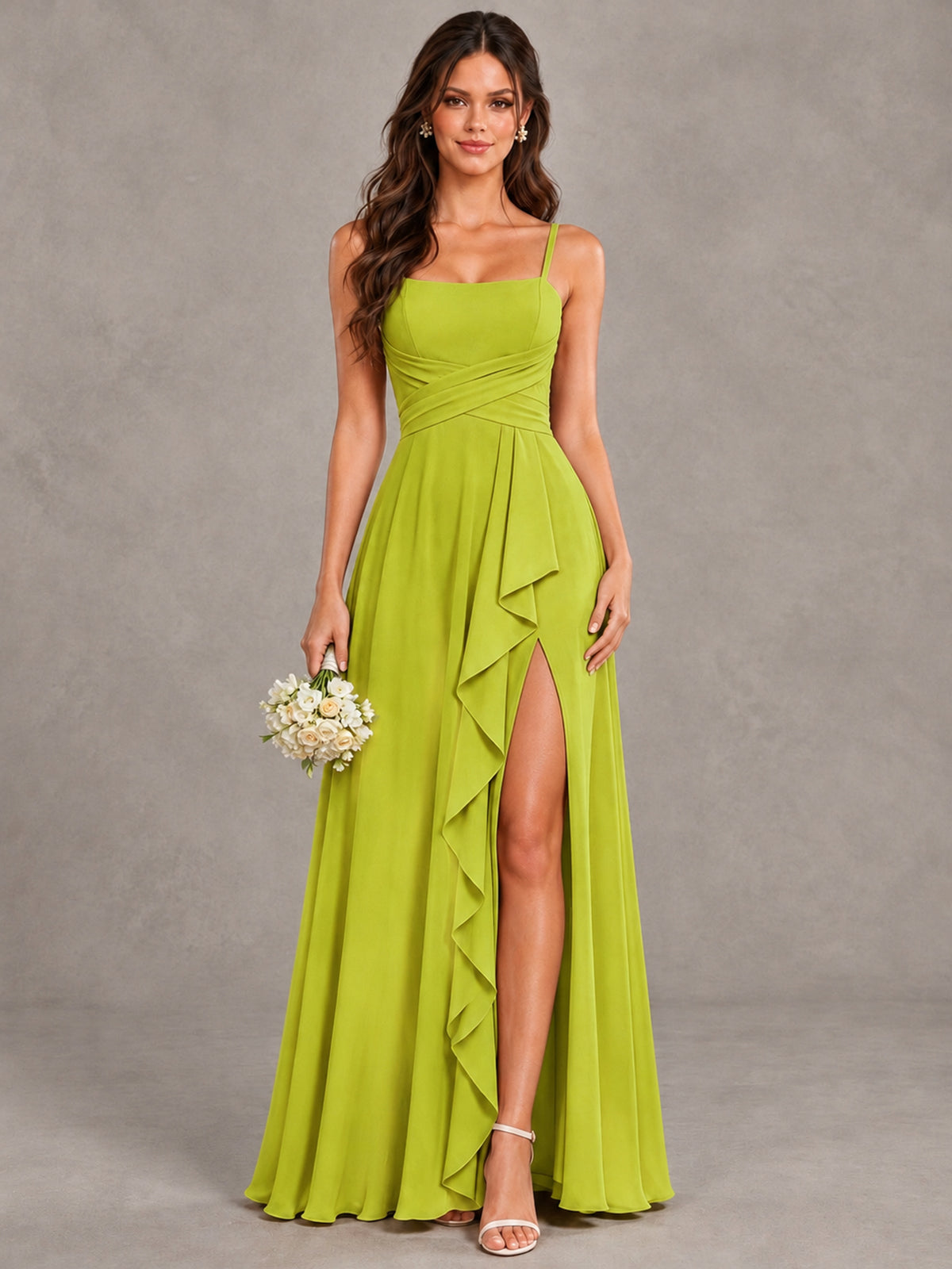 BOLODOO Chartreuse Spaghetti Strap Ruffle Bridesmaid Dress with Slit - Chartreuse - Chartreuse (1)