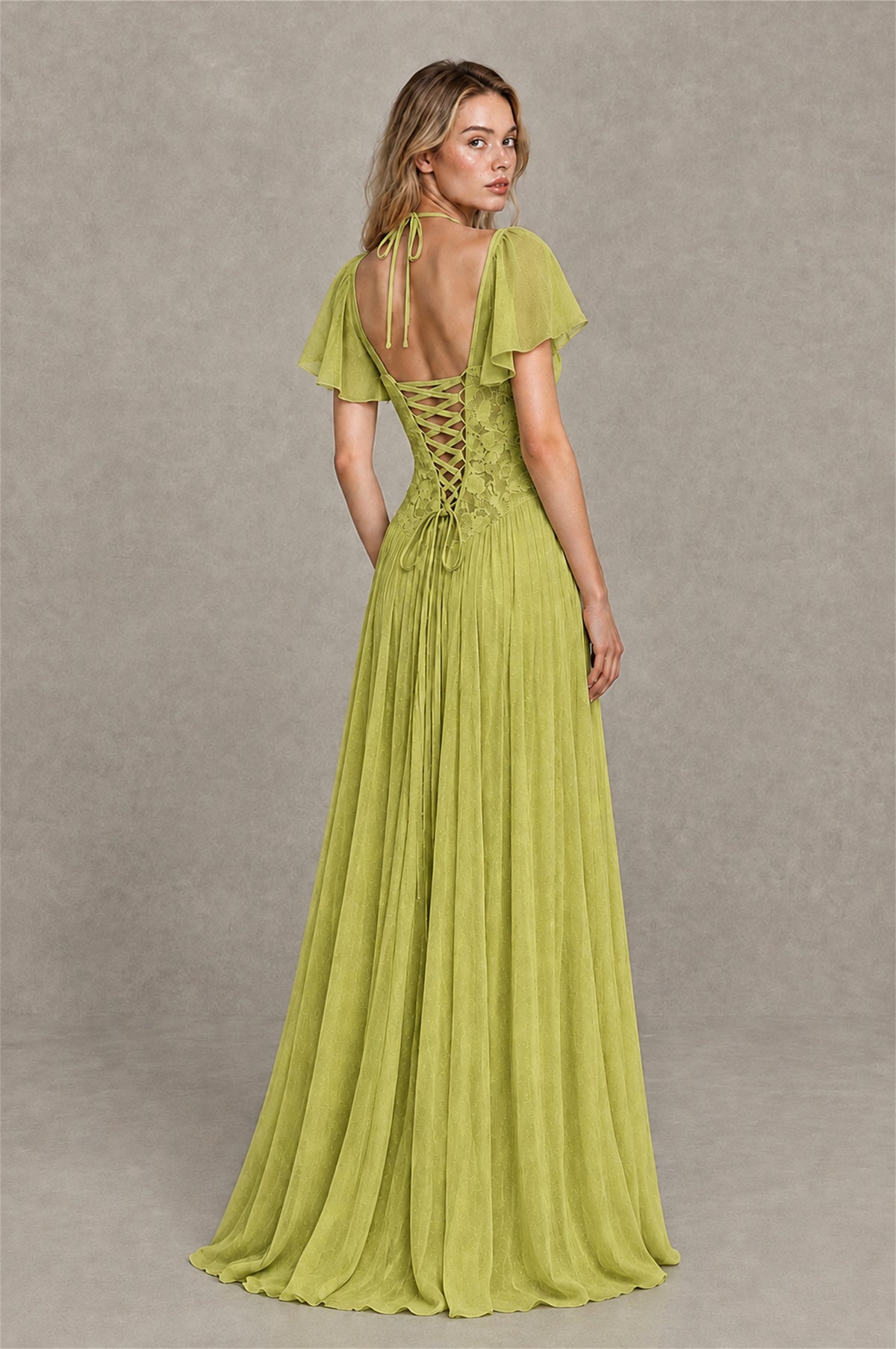 BOLODOO Chartreuse Flutter Sleeve Lace Corset A-Line Maxi Dress - Chartreuse - Chartreuse (2)