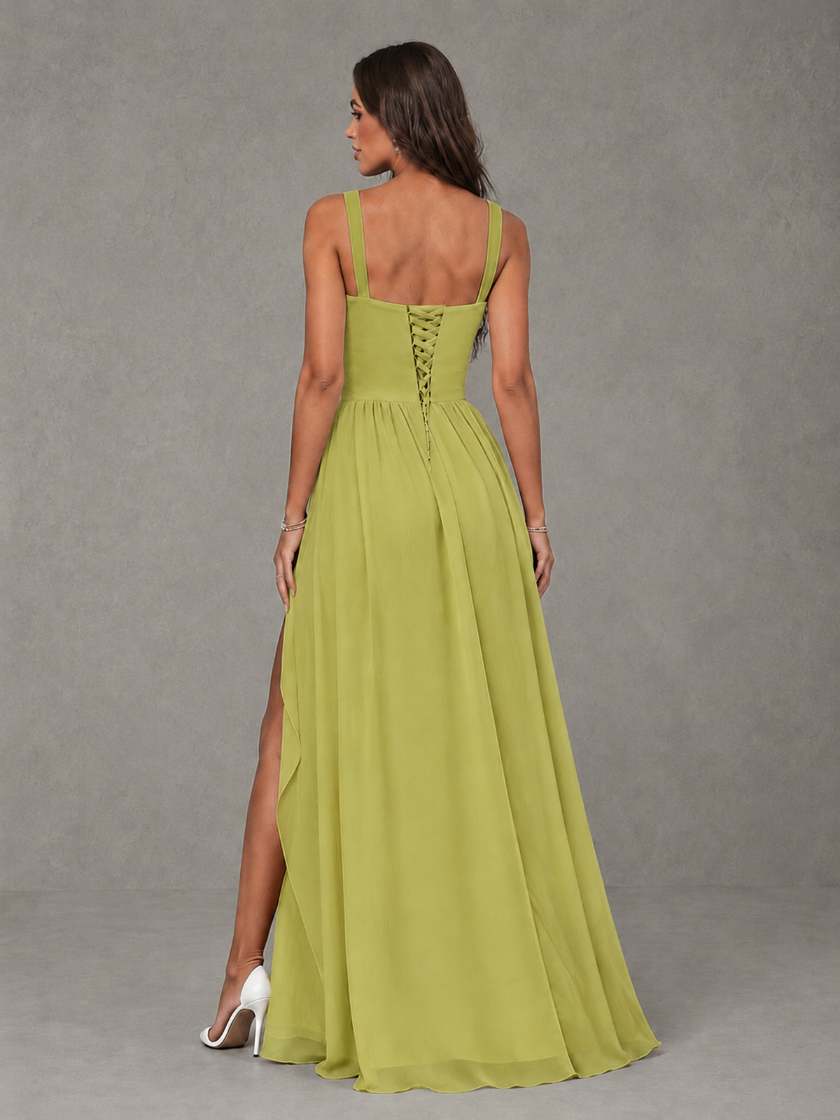 BOLODOO Chartreuse A-Line Bridesmaid Dress with High Slit & Lace-Up Back - Chartreuse - Chartreuse (2)