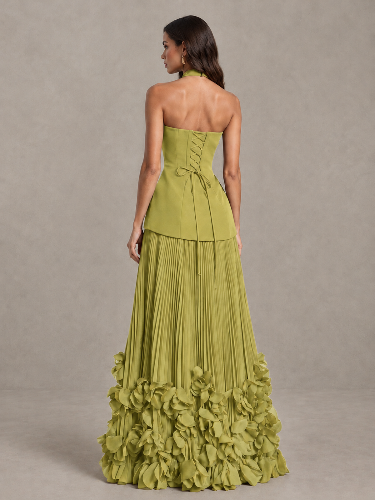 BOLODOO Chartreuse Halter Neck Floor-Length Evening Gown with High Slit & 3D Floral Hem - Chartreuse - Chartreuse (2)