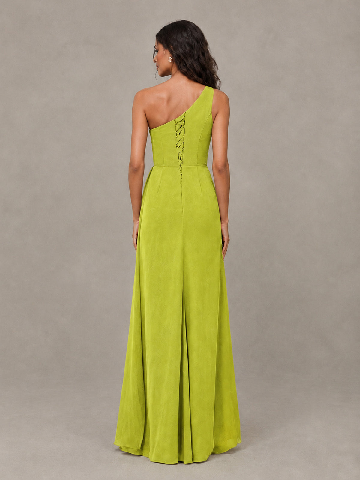 BOLODOO Chartreuse One-Shoulder Chiffon Bridesmaid Dress with Ruched Bodice & High Slit - Chartreuse - Chartreuse (2)