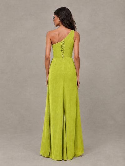 BOLODOO Chartreuse One-Shoulder Chiffon Bridesmaid Dress with Ruched Bodice & High Slit - Chartreuse - Chartreuse (2)