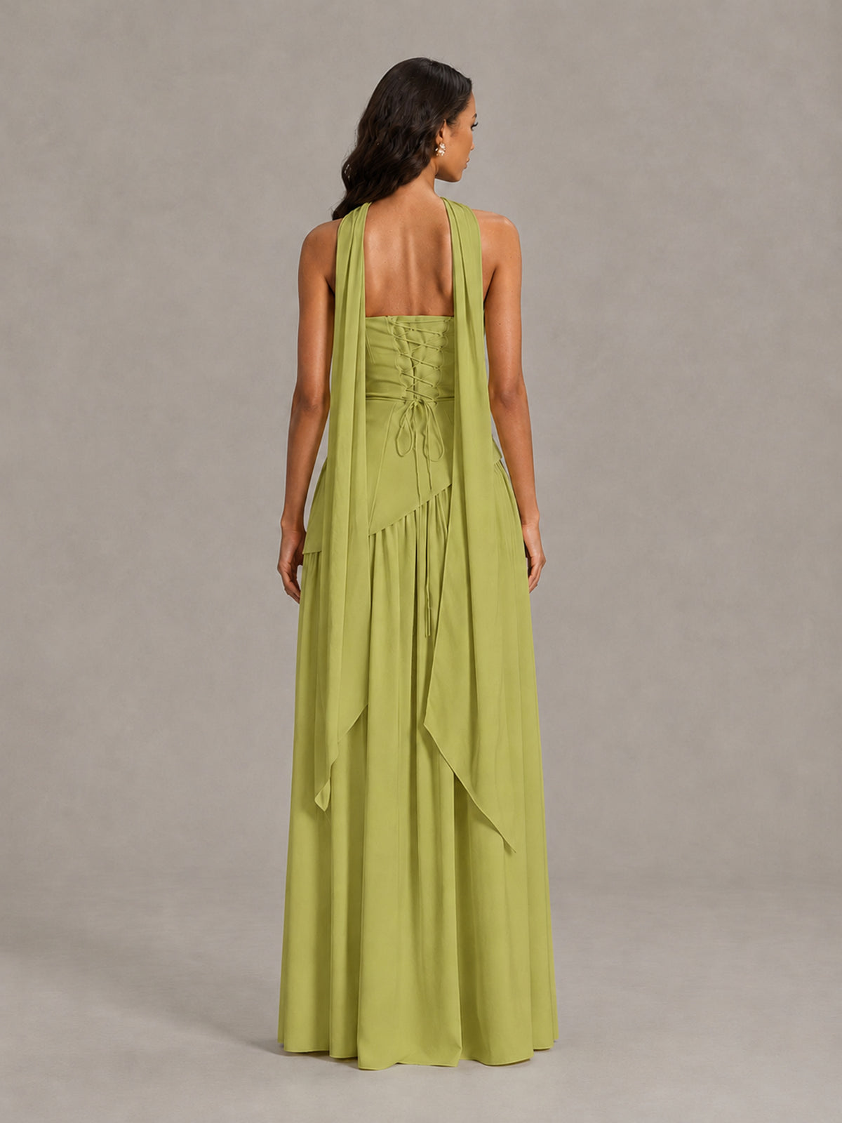 Chartreuse Strapless Bridesmaid Dress with Scarf & High Slit - Chartreuse - Chartreuse (2)