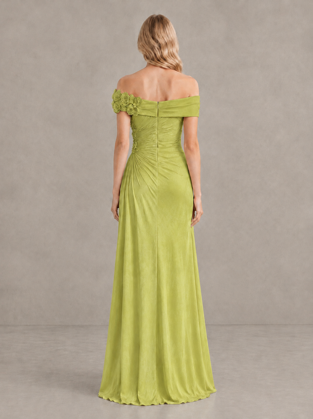 BOLODOO Chartreuse Off-Shoulder Floral Applique Wedding Guest Maxi Dress - Chartreuse - Chartreuse (2)